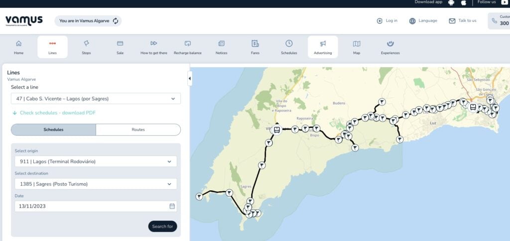 Take bus number 47 from Lagos to Sagres with Vamus.
