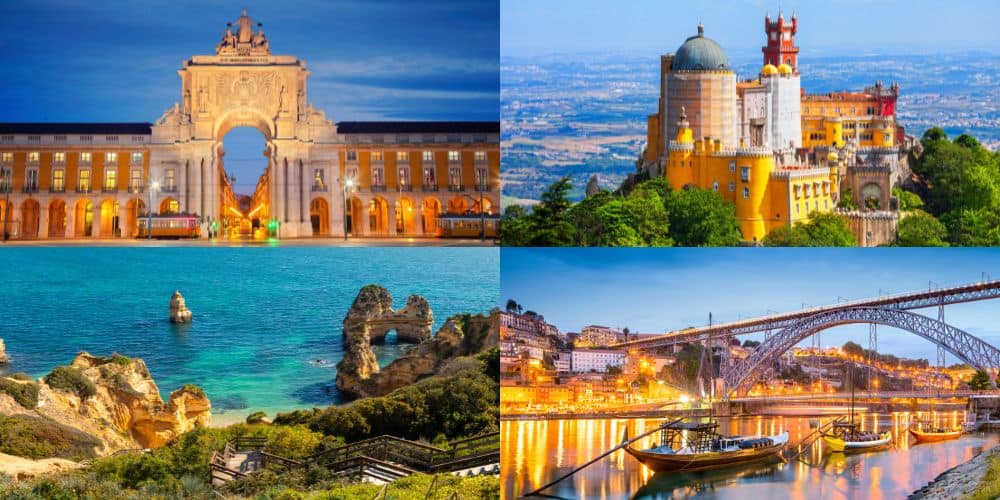 A collage of pictures of different places in Portugal you would visit during a Portugal 8 day itinerary.