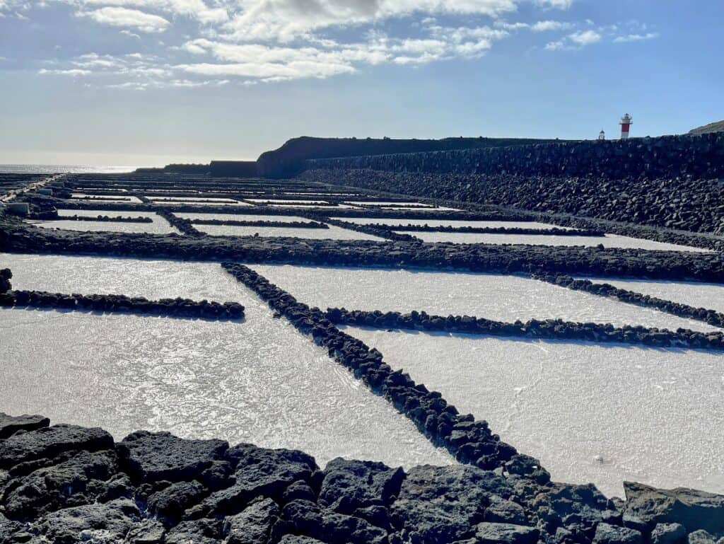 This image captures the geometric beauty of the salt pans at Salinas de Fuencaliente La Palma, bordered by the natural dark rock formations.