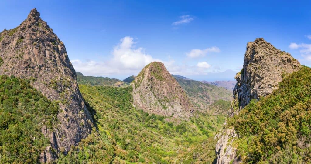 Panoramic view of the formidable Los Roques rock formations, a landmark destination for hiking on La Gomera.