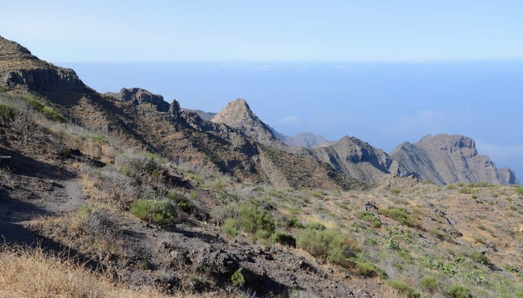 Rugged trail winding through the dry, shrubby terrain of the Teno Mountains with sharp peaks against the blue sky.