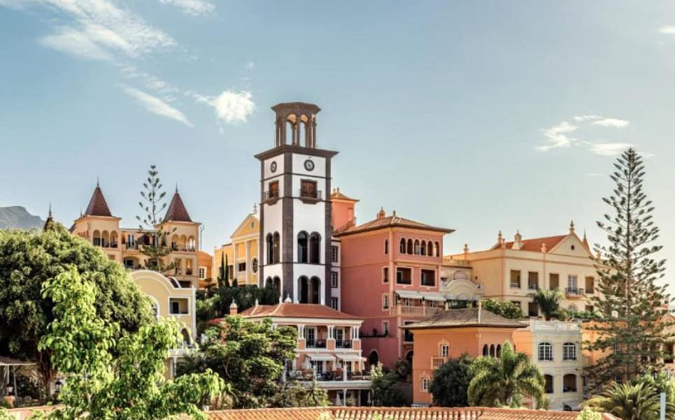 Picturesque view of the elegant buildings at Bahia del Duque, showcasing luxury hotels in South Tenerife.