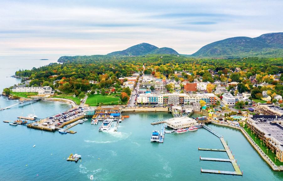 A breathtaking aerial view of Bar Harbor, the last stop on the route from Boston to Acadia.