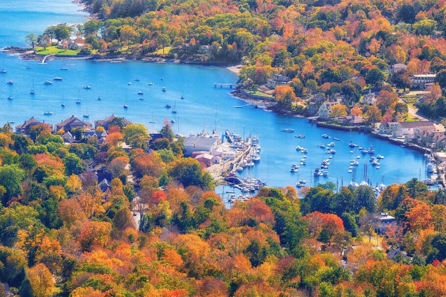 The scenic Camden Harbor as seen from Mount Battie, a perfect stop on the journey between Boston and Acadia.