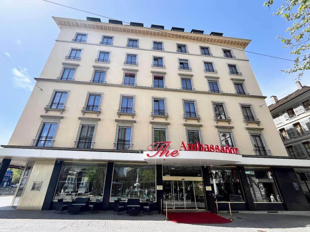 The exterior of The Ambassador hotel, located near Lake Geneva. This hotel is a convenient and comfortable option for those seeking hotels for Geneva on the water with beautiful lake views and easy access to the city’s attractions.