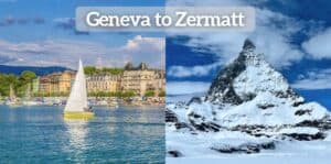 A split image showing a sailboat gliding on Lake Geneva with elegant buildings in the background, and the iconic, snow-covered Matterhorn under a vibrant blue sky. The photo highlights the scenic beauty of the Geneva to Zermatt route, from the lakefront city to the majestic Swiss Alps.